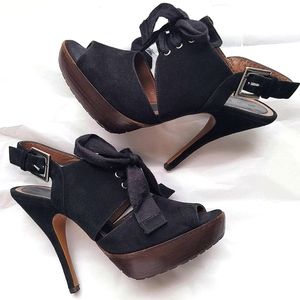 MARNI Lace up slingback pump black suede wood platform heels